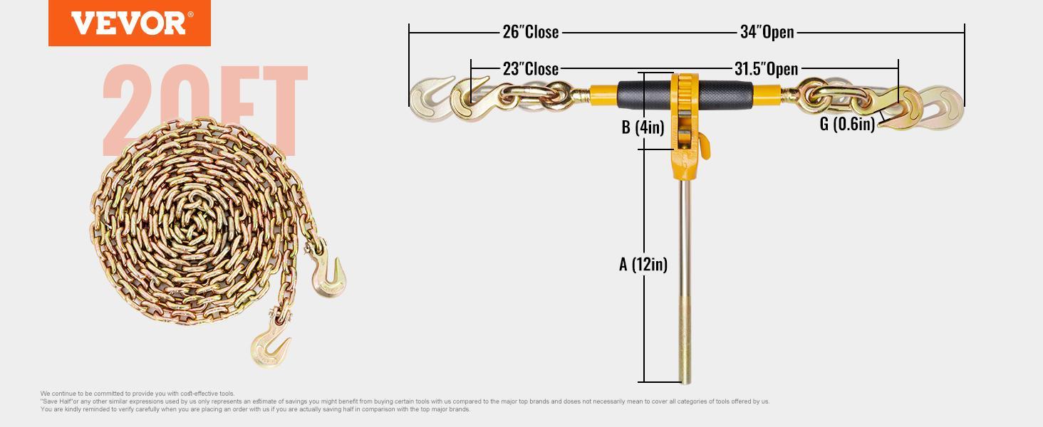 VEVOR Ratchet Chain Binder 2PCS, TikTokShopBlackFriday, 3/8"-1/2" Heavy Duty Load Binders, with G80 Chains 12000 lbs Secure Load Limit, Labor-saving Anti-skid Handle, Tie Down Hauling Chain Binders for Flatbed Truck Trailer