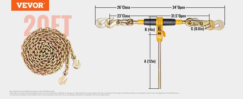VEVOR Ratchet Chain Binder 2PCS, TikTokShopBlackFriday, 3/8"-1/2" Heavy Duty Load Binders, with G80 Chains 12000 lbs Secure Load Limit, Labor-saving Anti-skid Handle, Tie Down Hauling Chain Binders for Flatbed Truck Trailer