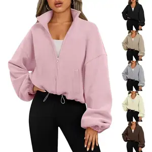 Women's Zip-Up Drawstring Long Sleeve Casual Hooded Sweatshirt Jacket,Airport Women Outfits,Three Quarter Sleeve Tops Fabric Womenswear Zipper Polyester
