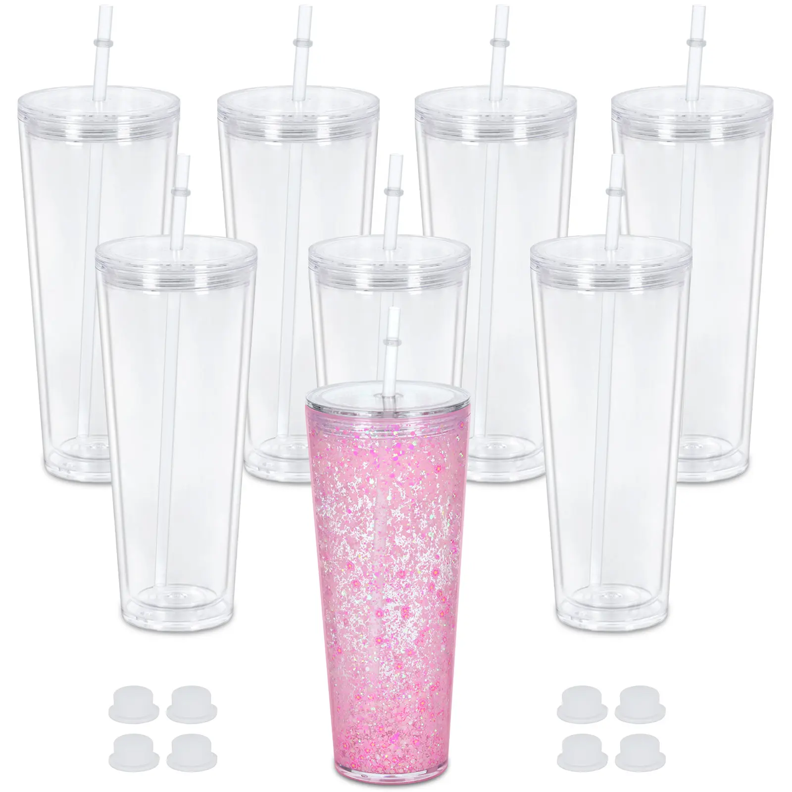 8 Pack 24 Oz Acrylic Snow Globe Tumbler, Double Wall Plastic Cups for Snow Globe Glitter DIY with Clear Lids & Straws