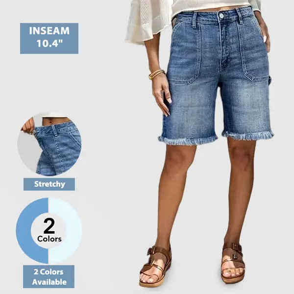 Flamingals Womenswear Wash Raw Hem High Waist Denim Bermuda Shorts Casual Comfort Summer Vibes