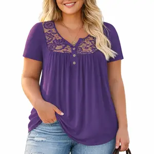 Womens Plus Size Tops Short Sleeve Henley Shirts Lace Pleated Buttons Up V Neck Tunic Blouses