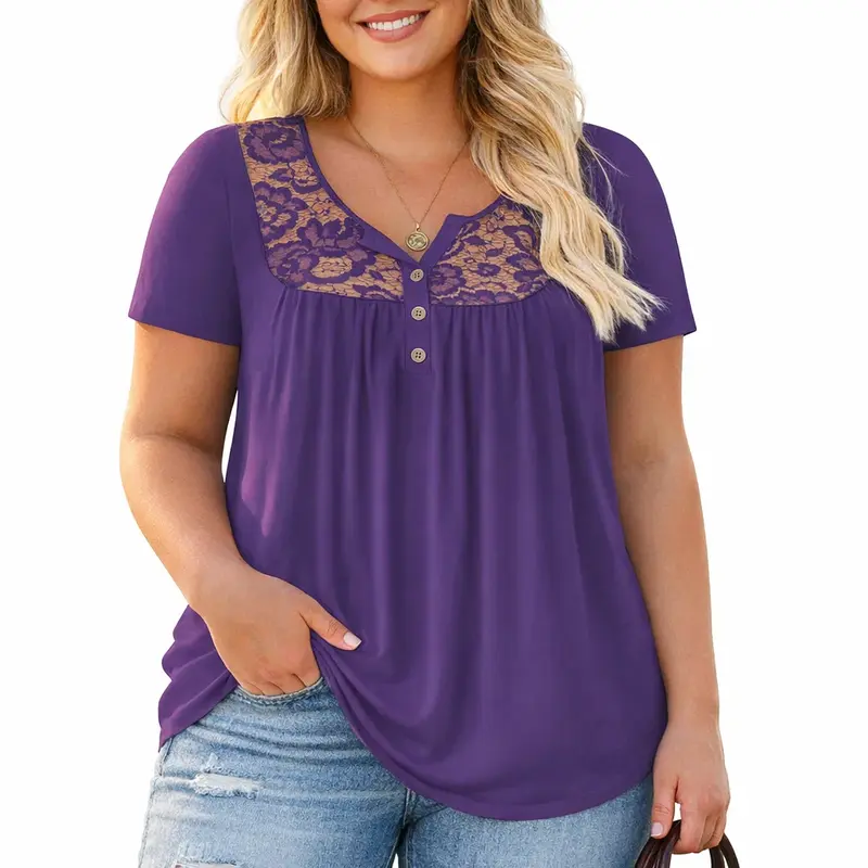 Women's Plus-Size Breathable Henley Blouses, Short Sleeve Lace Pleated Button-Up V-Neck Tunic Tops, Plussize Clothes for Women