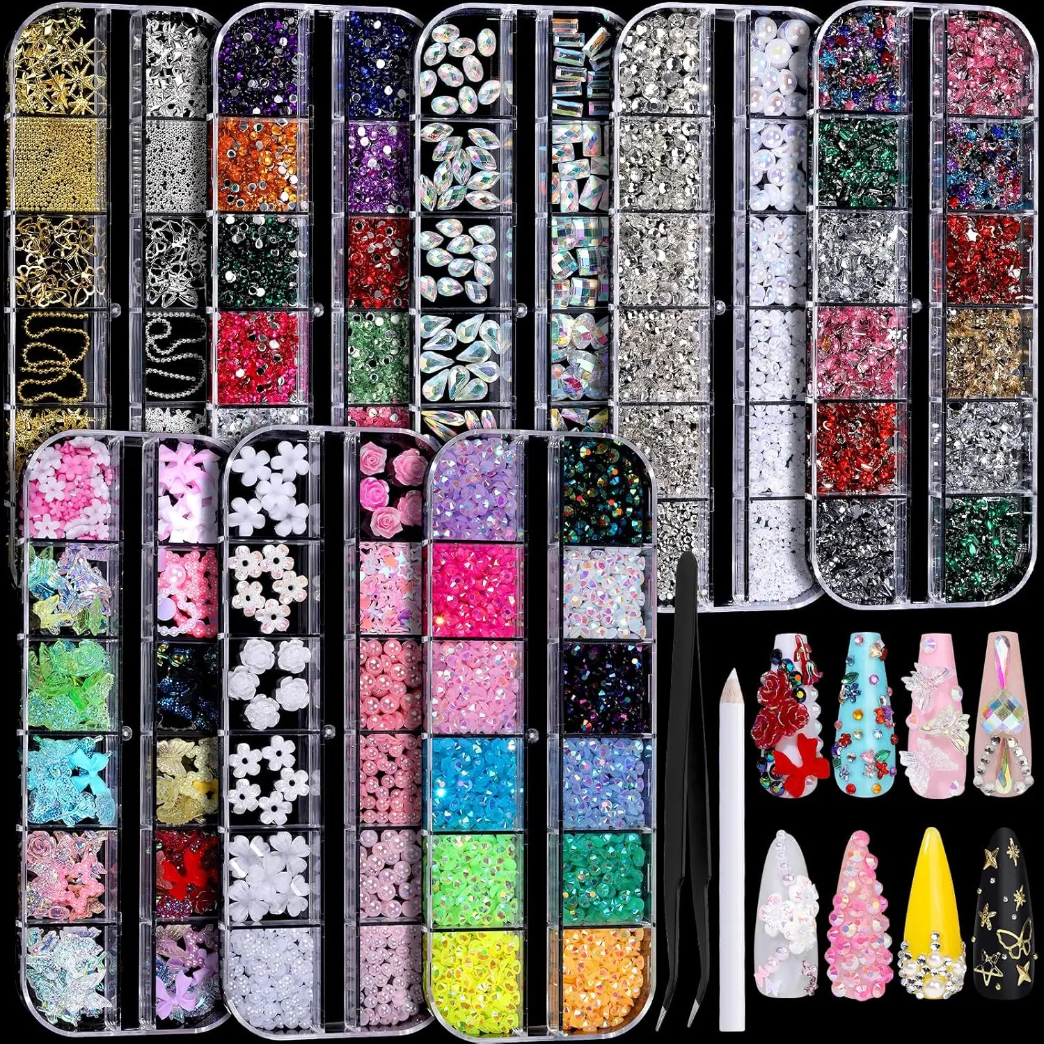 8 Boxes Nail Charms and Gems for Manicure, Flat Pearls Nail Flowers Nail Rhinestones and Charms for Nail Art, Colorful Pearl Nail Charm Nail Bows Multi Shapes Flatback Nail Design Kit Nail Accessories