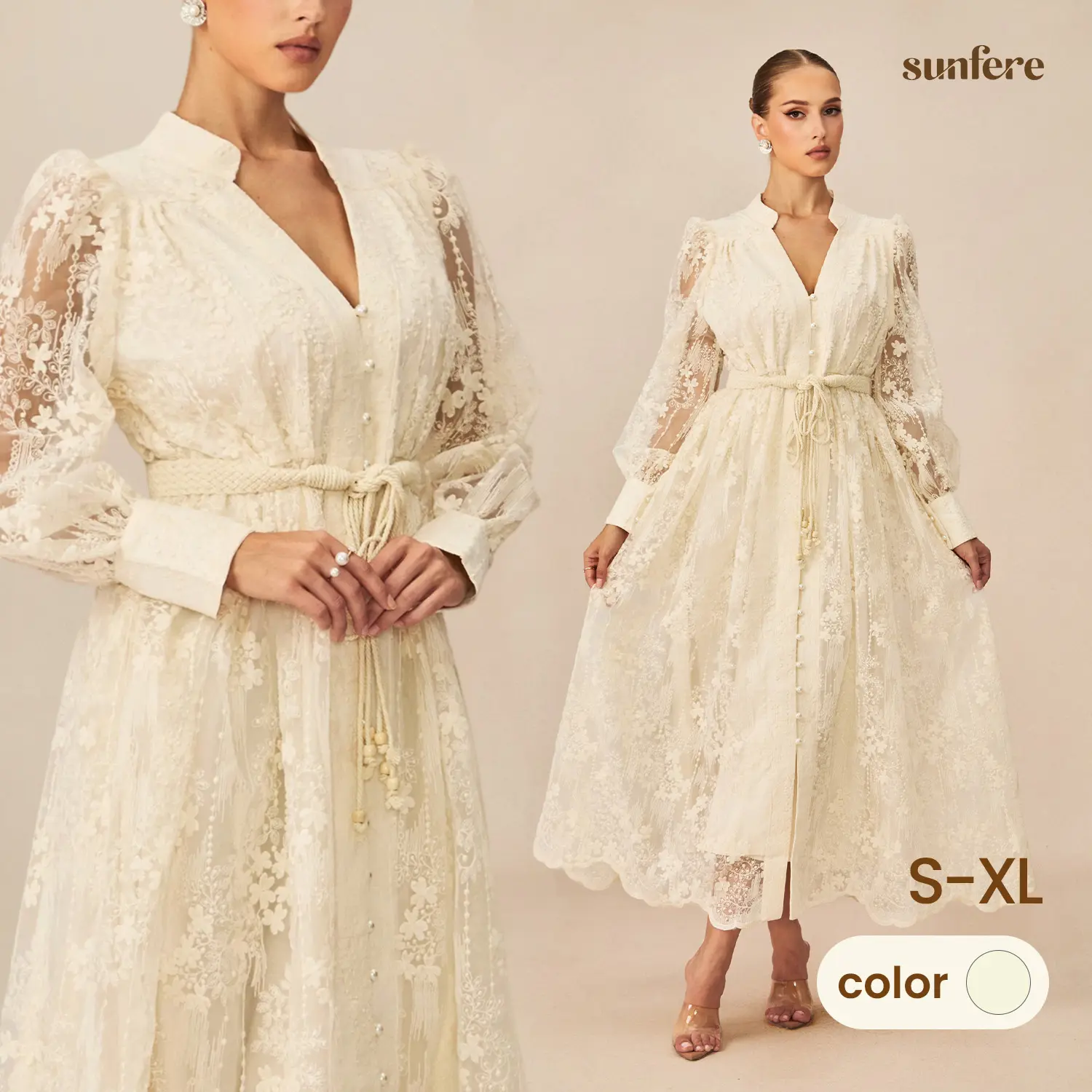Sunfere V-Neck Lace Embroidered Midi Dress - Sakura Sheer Overlay Pearl Button Elegant Modest, Wedding Guest Bridal Shower Church