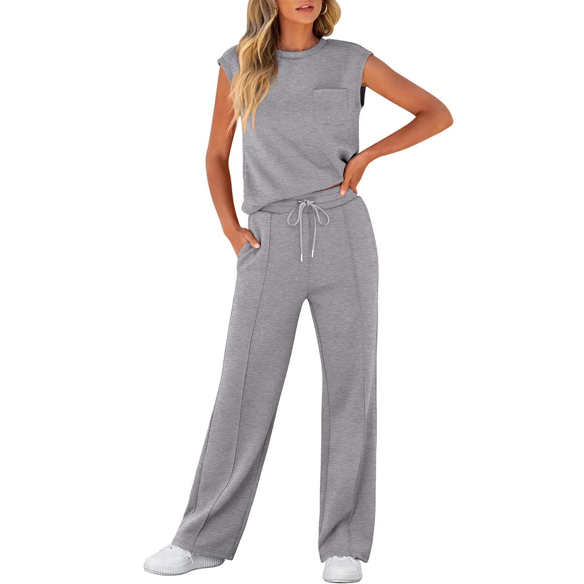 ANRABESS Women's Summer 2 Piece Outfits Casual Sleeveless Sweatsuits Matching Wide Leg Tracksuits Lounge Sets Women Basic Vacation Outdoor Outfit Sets  Womenswear Fitness