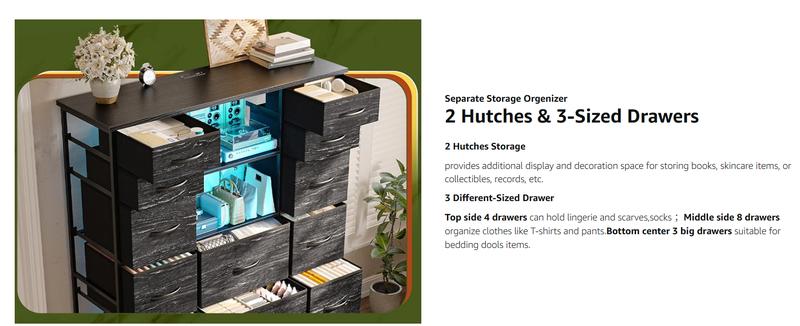 Raybee 15-Drawer Dresser with LED Lights & 4 Charging Ports Modern Storage Organizer for Bedroom Closet Entryway Black Chest Above 25 kg