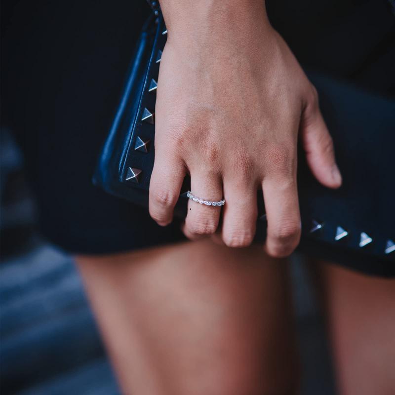 EAMTI 925 Sterling Silver Wedding Band for Women Cubic Zirconia Marquise & Round Milgrain Half Eternity Stackable Ring