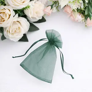 100 Pack Hunter Emerald Green Organza Drawstring Gift Bags, 4" x 6" – Wedding Party Favor Bags