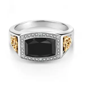 Gem Stone King 4.51 Cttw Black Onyx and White Lab Grown Diamond Ring For Men | 925 Silver and 10K Yellow Gold | Emerald Cut 11X8MM | Available In Size 7, 8, 9, 10, 11, 12, 13