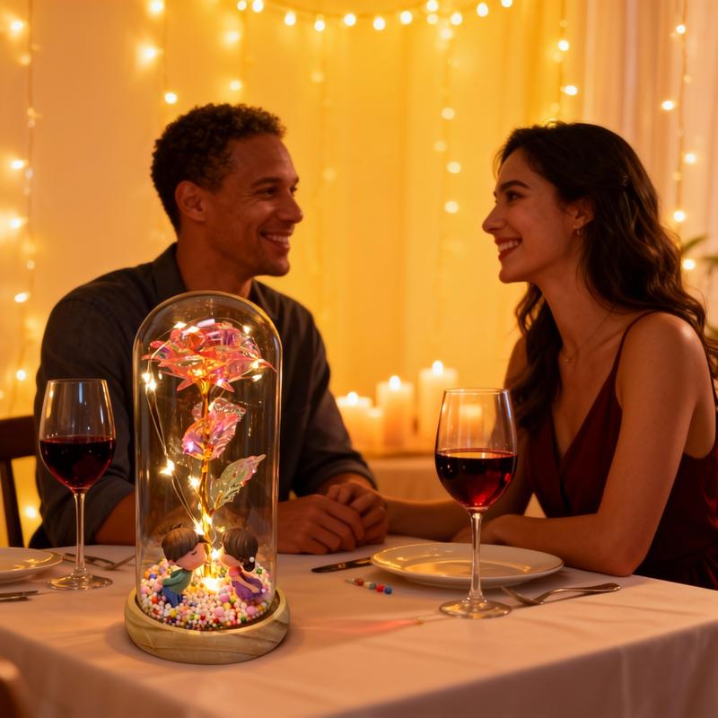 Valentine's Day Gift: Eternal Rose Bouquet in Glass Dome Features LED-illuminated roses and couple dolls Requires 3 AAA batteries (not included) Creative Gift Recommendation: Perfect for parents, girlfriend, boyfriend, daughter, or sister