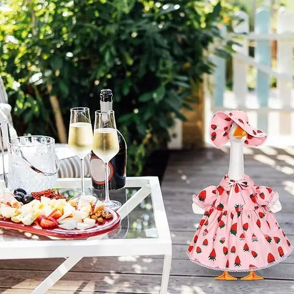 23-inch Spring Kawaii Strawberry Sweetheart Porch Goose Set | Adorable pink dress and hat outfit, limited edition summer outdoor patio decoration, instantly transforms your garden goose into a summer sweetheart (goose not included).