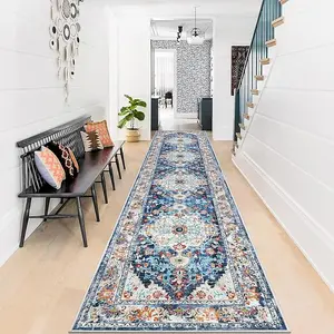 Boho Hallway Runner Rug, Non Slip Washable Vintage Farmhouse Accent Area Rug Carpet for Kitchen Entryway Laundry and Living Room (Blue)