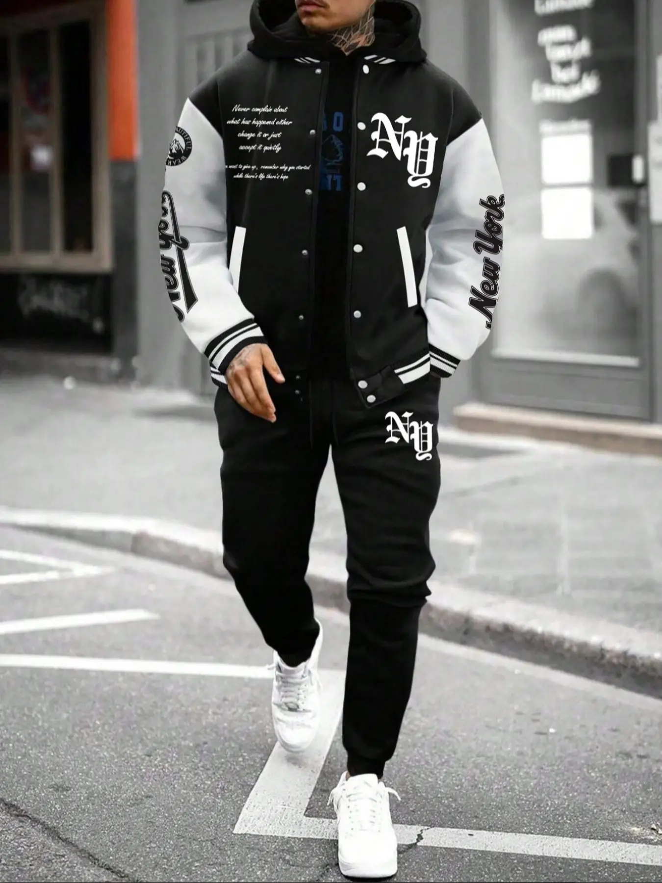 Men's Streetwear Casual Loose Tracksuit 2 Piece Outfits Color Block Letter Graphic Long Sleeve Varsity Jacket and Pants Set, Comfortable And Warm Bomber Jackets, Mens Clothes for Fall Outfits & Winter Outfits, Casual Tracksuit Set