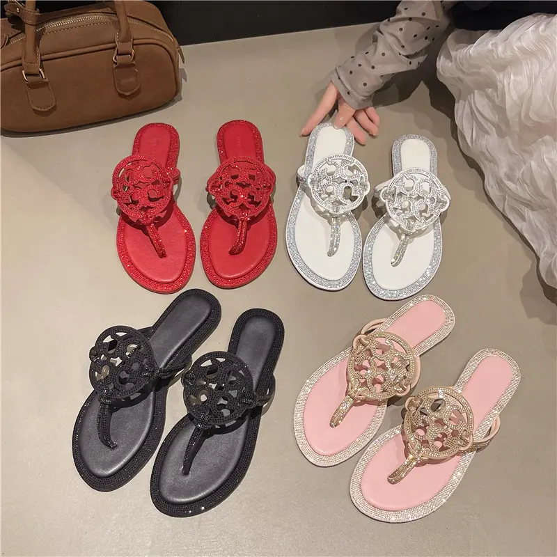 [Product comes WITH BOX]Women's Sports Diamond Flip Flops - Fashionable Black/Beige Plain Slide Sandals, Lightweight Breathable Casual Comfortable Flat Shoes for Daily Wear