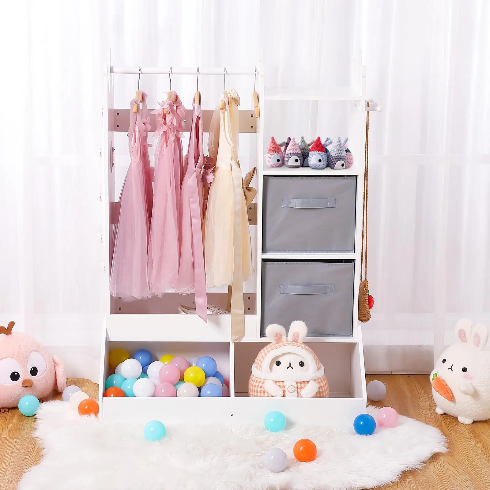 Girls' Dress up Storage with Light & Mirror, Kids Clothing Rack with Storage Bin, Girl's Open Hanging Armoire Closet, White