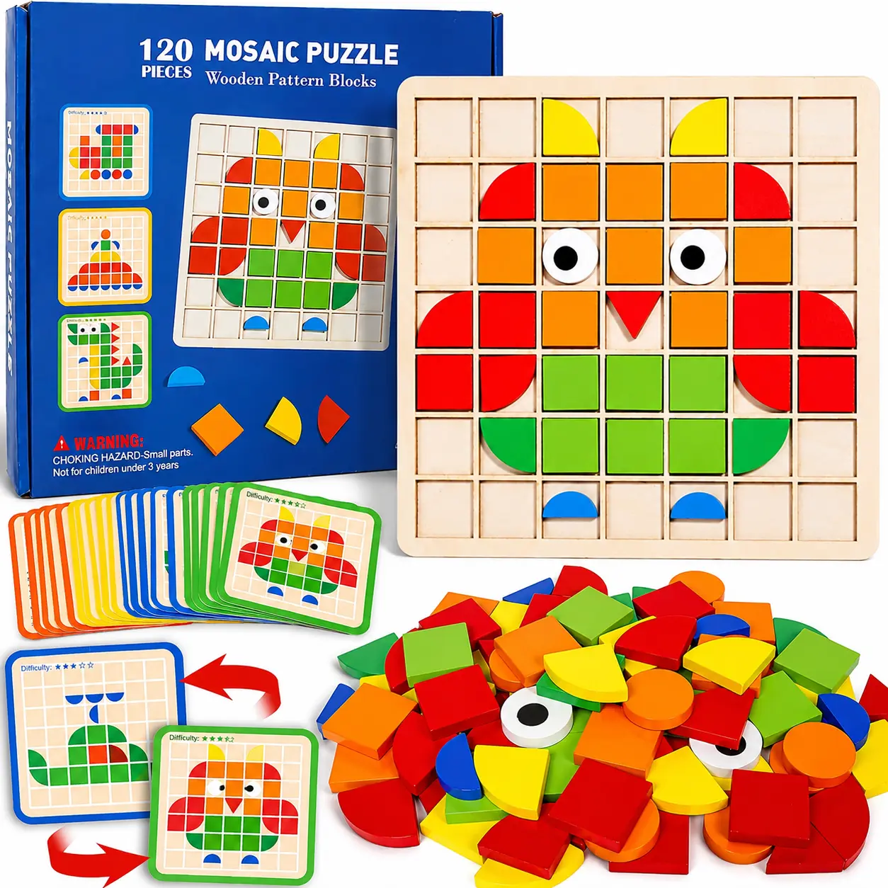 Wooden Pattern Block Puzzle Toy for Kids Ages 3+, 120PCS Colorful Geometric Shape Matching Game with 20 Design Cards, Montessori Educational Stacking Toy for Toddlers Boys and Girls