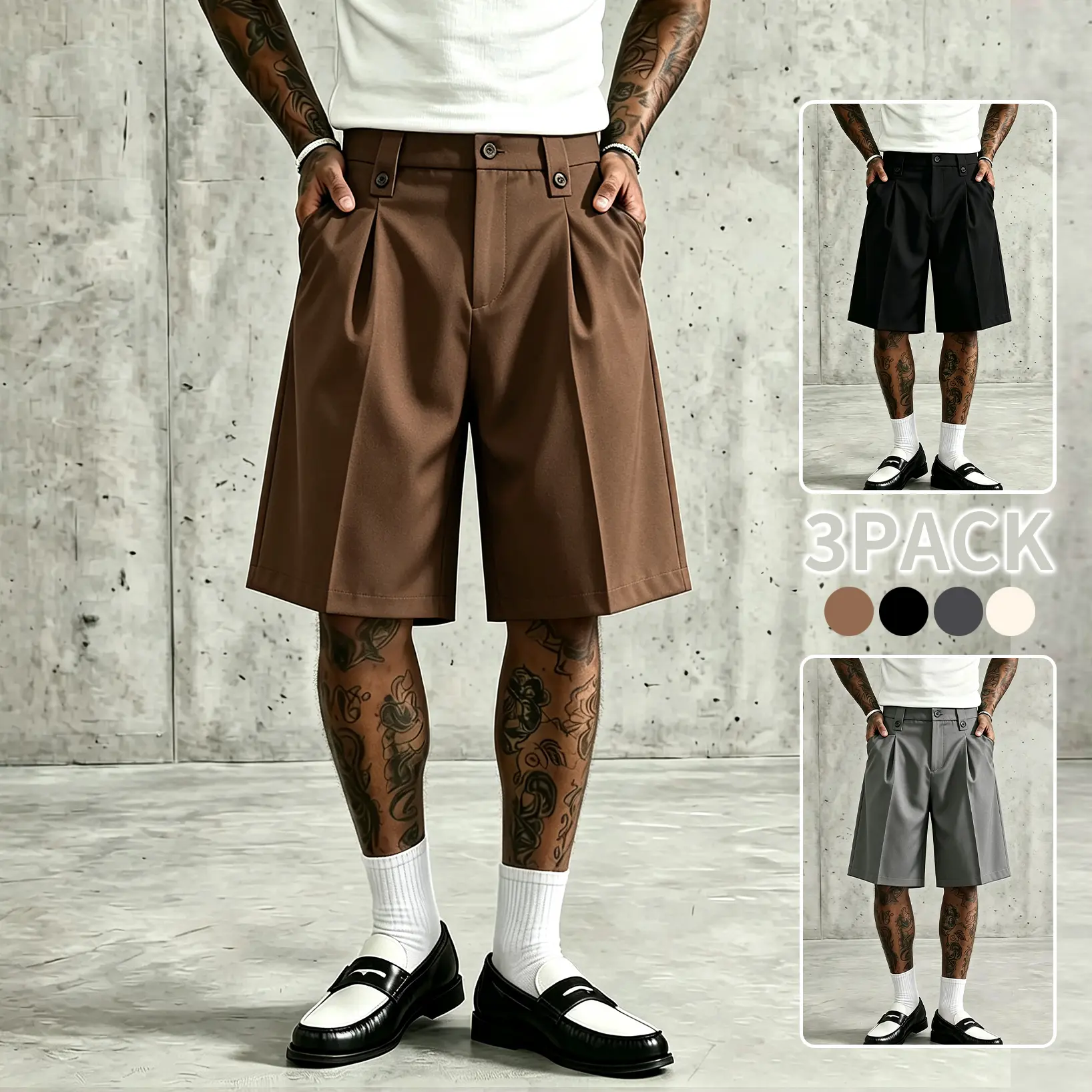 Menswear 3-Pack Stylish Classic High-Waist Pleated Suit Shorts for Men, Wrinkle-Free Tailored Fabric, Knee-Length, Double Front Pleats, Zipper Button Fly, Pockets, Summer Smart Casual Bottoms for Golf Office