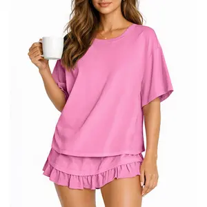 CHYRII Womens Oversized T Shirt and Ruffle Mini Skirt Set Casual Summer Lounge Two Piece Outfit Vacation Beach Matching Set