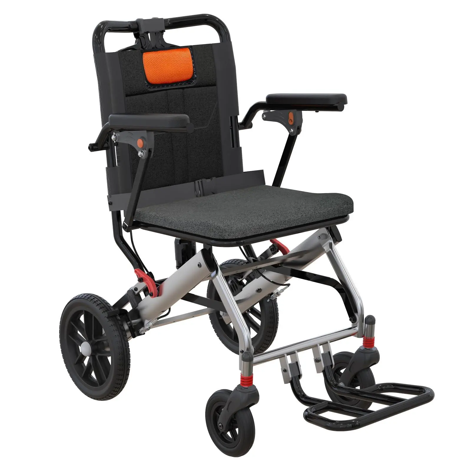 GARVEE Ultra-Lightweight Elderly Transport Wheelchair - Portable Foldable Indoor Mobility Chair with Locking Brake, Removable Flip Arms, Swinging Footrests (Gray Orange), Removable Arms