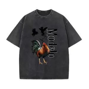 Washed Cotton Vintage Style Modelo Rooster T-Shirt - Bold Rooster Graphic With Dynamic Fighting Cocks , Perfect For Beer Lovers And Fiesta Enthusiasts , Casual Daily Wear , Relaxed Fit , Unisex Style , Unique Modelo Design Crewneck Menswear Classic