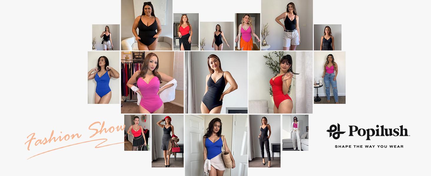 Popilush Ruched Cross-Front One-Piece Swimsuit Shapewear with Tummy Control Adjustable Straps High-Waisted Bathing Suit for Pool Beachwear