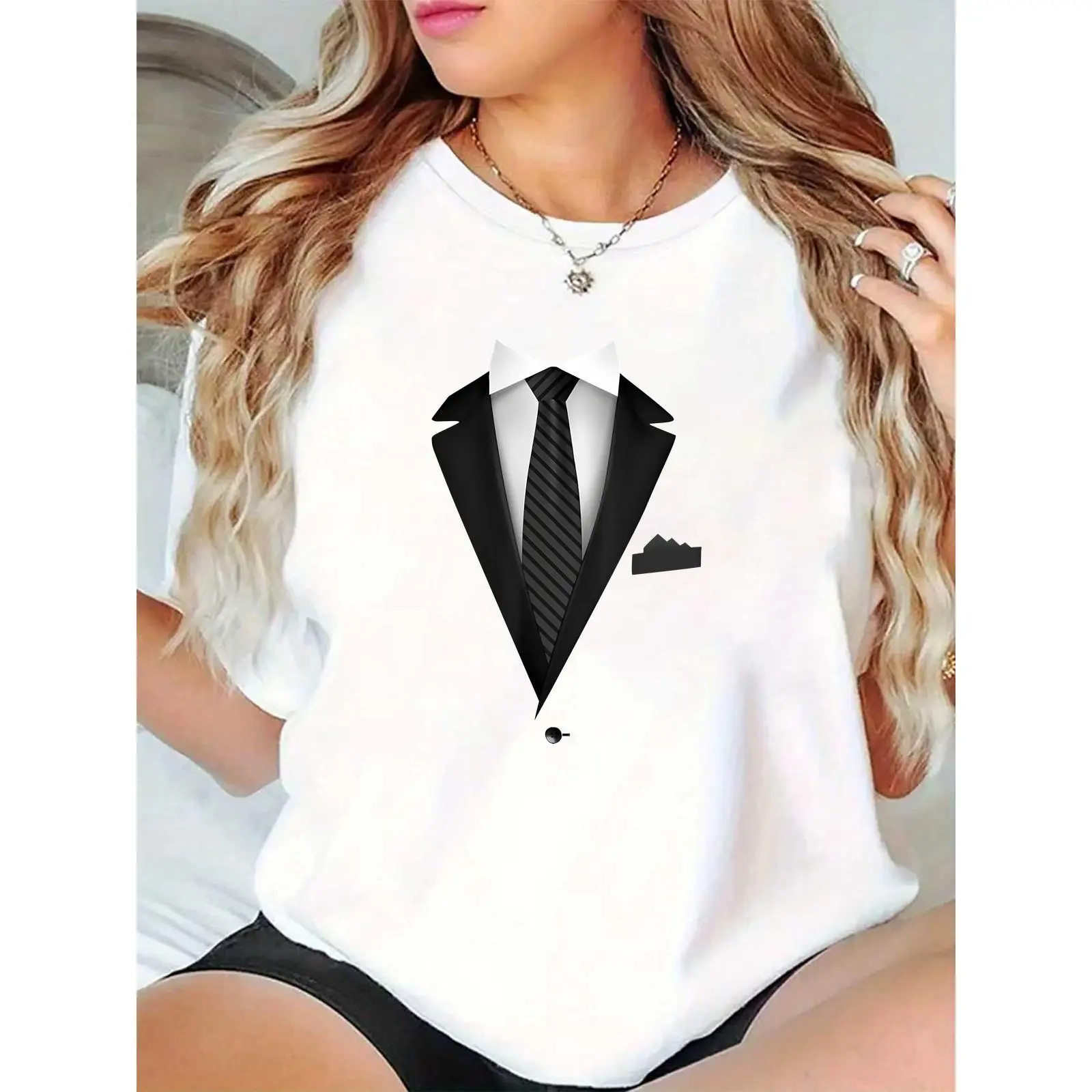 Women's Tuxedo Print T-Shirt, Casual 100% Cotton Shortsleeve Basic Crewneck Top for Day Wear & Party Costumes, Simple, Essential, Skirts, Feminine, Tee, Comfortable, Elegant, Fit, Round Neck, Breathable Fabric, Regular Cut