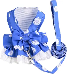 Dog Harness Dress for Small Dog Daisy Floral Dog Harness and Leash Set Bow Knot Girl Puppy Princess Skirt with D-Ring Mesh Summer Pet Clothes for Cat Dogs (Small）