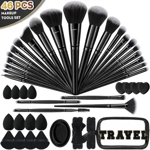 46pcs Makeup Tool Set, 25pcs Makeup Brushes & Toiletry Bag & Hair Tie & 2pcs Wrist Straps & 4pcs Large Makeup Sponges & 4pcs Fan-Shaped Powder Puffs & 4pcs Mini Makeup Sponges & 4pcs Thumb Powder Puffs & Brush Cleaning Bowl