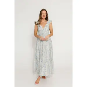 Katy Pleated Bodice Maxi Dress in Blue Floral - Bump Friendly