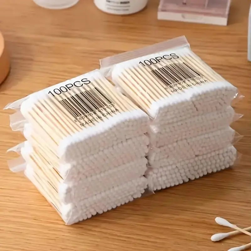 Bamboo Cotton Swabs 100PCS Per Bag, Double Round Tips Cotton Q Tips, Soft Natural Cotton Buds for Makeup Touch Up, Ear Cleaning, Skincare, Household Daily Cleaning Disposable Cosmetic Cotton Sticks