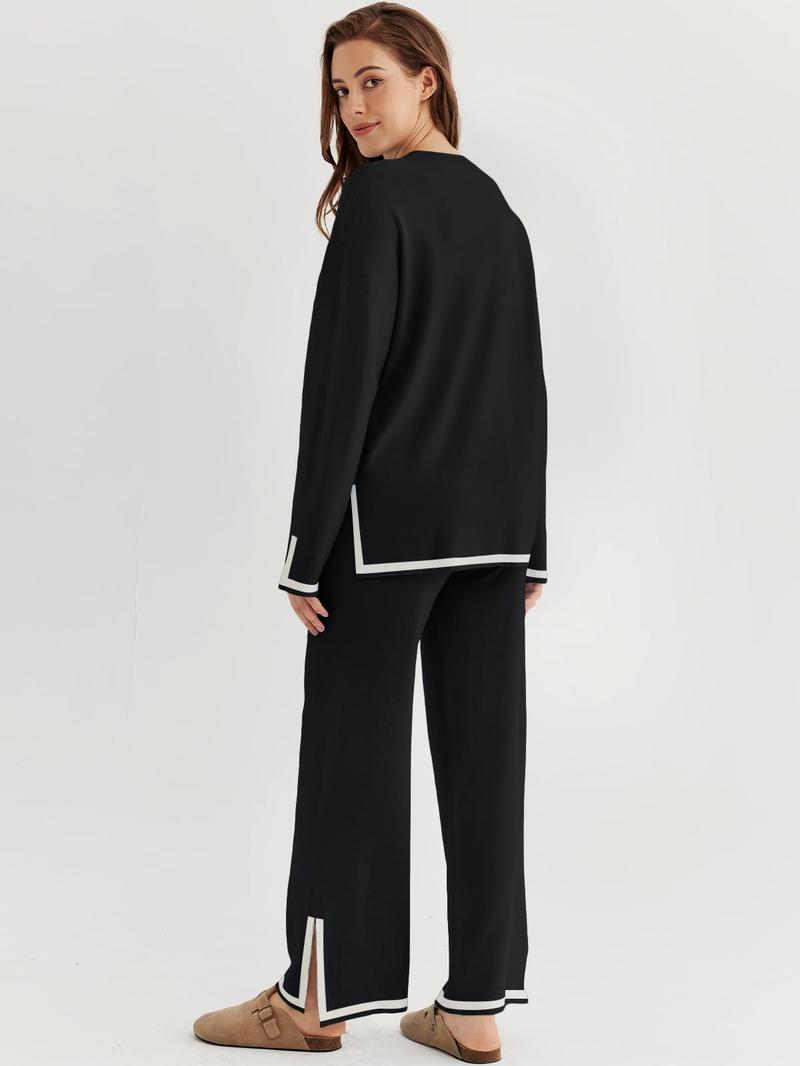 Women's 2 Piece Fall Knit Sweater Set Long Sleeve Tops Wide Leg Pants Sweatsuit Tracksuit Outfit Winter Clothing