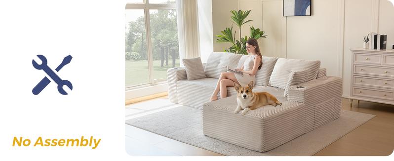 MAXYOYO 104" Plush Corduroy Cloud Velvet Modular Sectional Couch with L-Shape Chaise, No Assembly Required - Modern Boneless Couch for Living Room, Sofa in A Box, Oversized Sofa Sleeper with Deep Seat