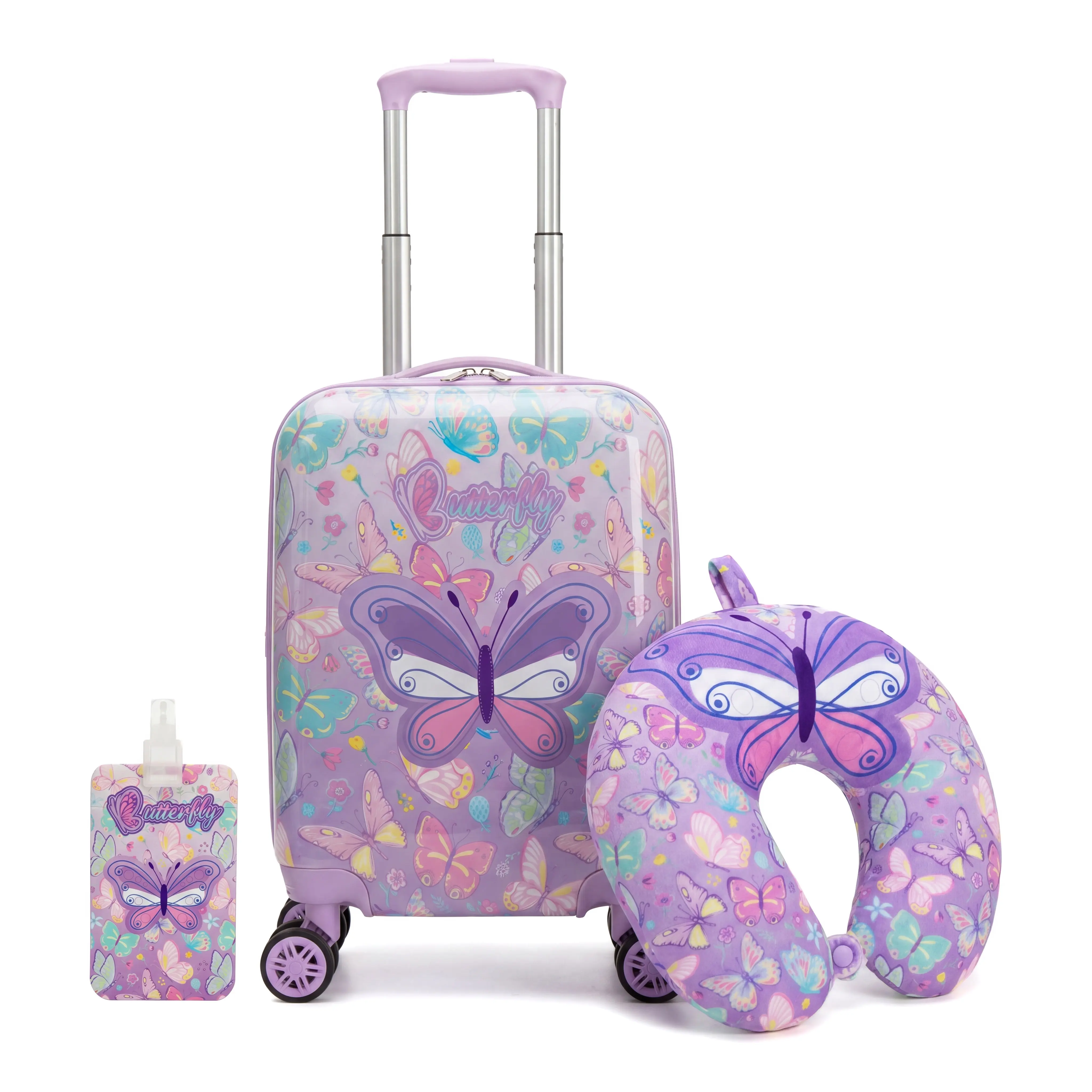 Girls' Luggage Set, 3-Piece Whimsical Butterfly Travel Set with Pastel ABS Hard-Shell Suitcase, Spinner Wheels & Coordinating Neck Pillow for Family Trips, Back to School Haul, Butterflies, Birthdays, Check In Luggage With Wheels, Hardshell Luggage Sets