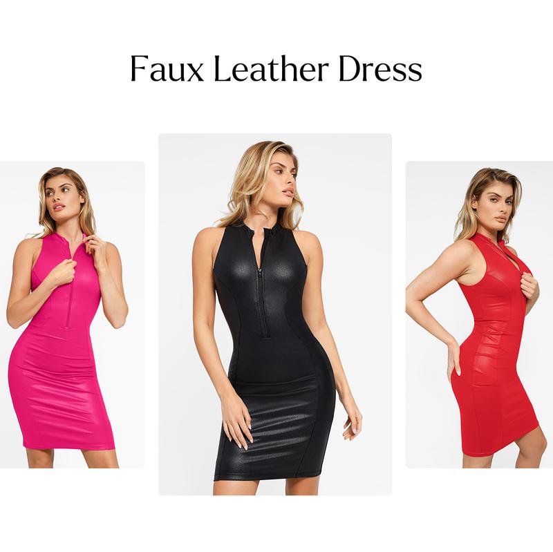 Popilush Faux Leather Midi Dress Front Zip Shapewear Tummy Control Bodycon Sleeveless Sexy Womenswear
