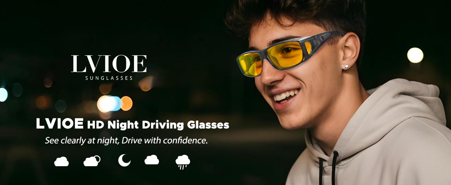 【Friend’s Pick】LVIOE Around Night-Vision Glasses, Fit Over Prescription Glasses with Polarized Yellow Lens Night-Driving Glasses