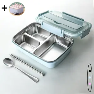 Insulated Multi-Compartment Bento Lunch Set - Three-Grid Lunch Box Blue with Spoon and Chopsticks
