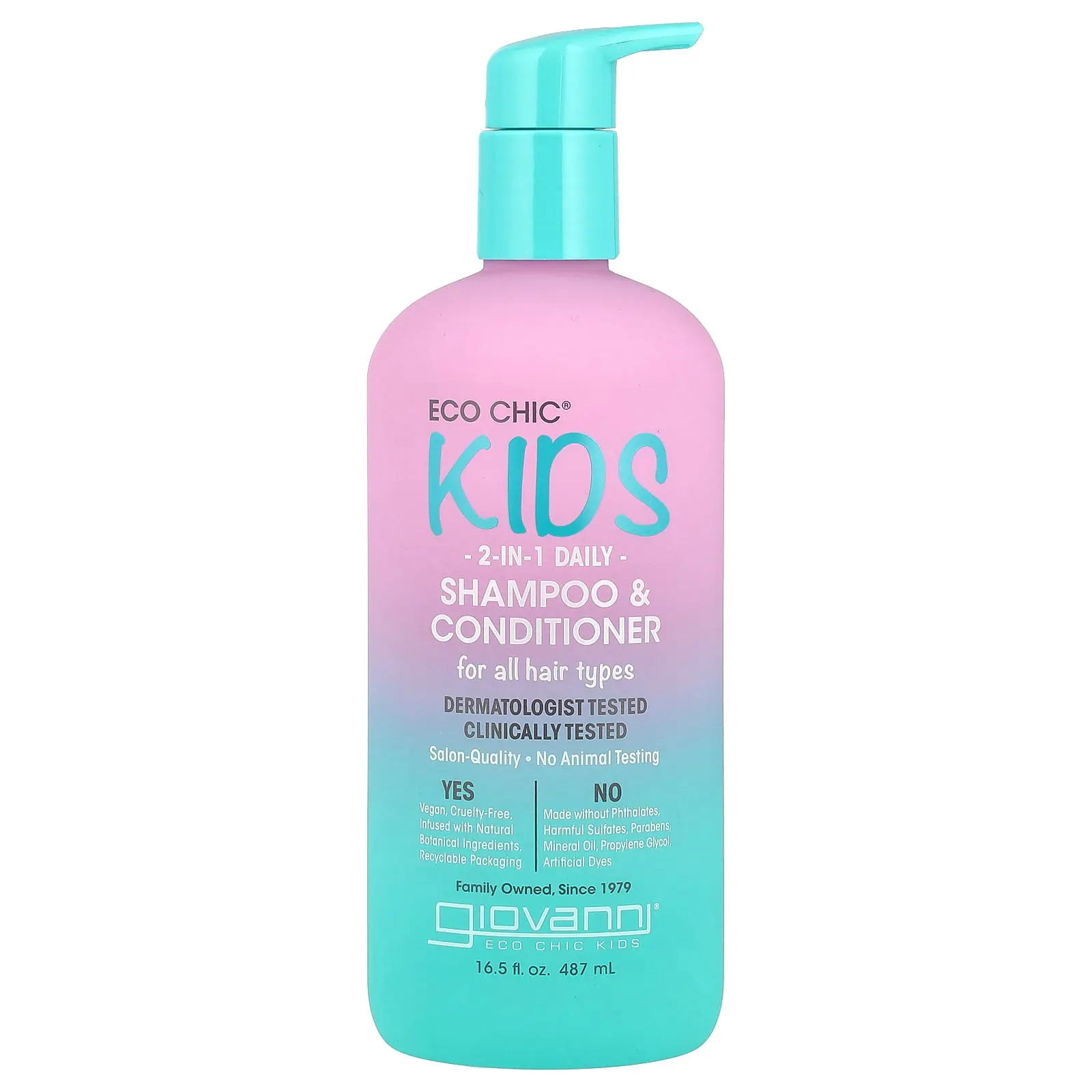 Giovanni Eco Chic® Kids, 2-In-1 Daily Shampoo & Conditioner, For All Hair Types, 16.5 fl oz (487 ml)