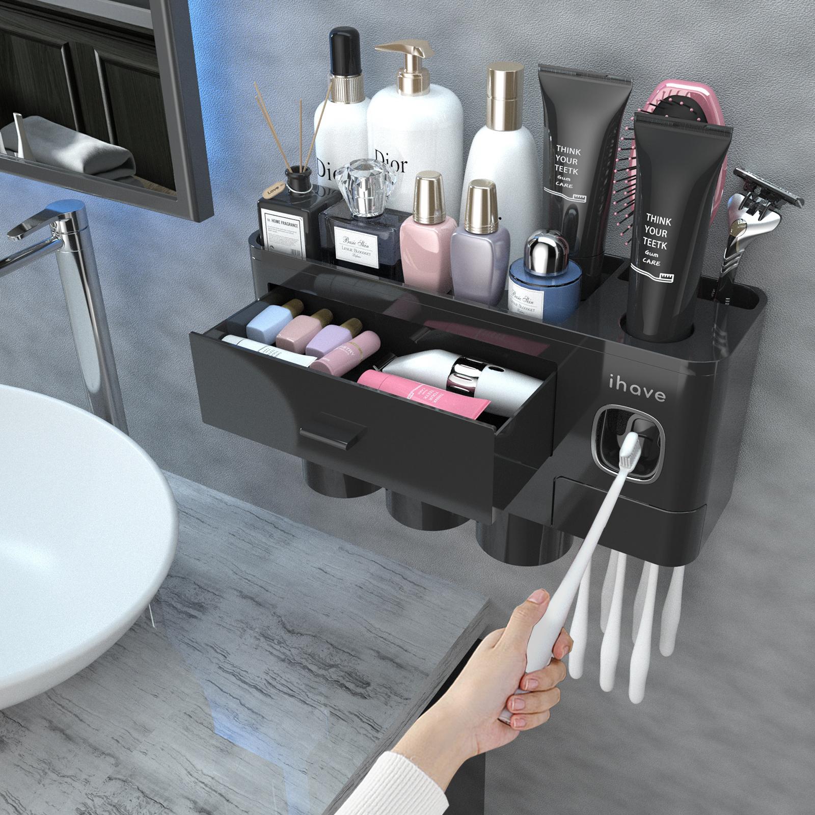 iHave Toothbrush Holders for Bathrooms, Wall Mounted Bathroom Toothbrush Holder Set with Toothpaste Dispenser, Multiple Magnetic Cups, Large Capacity Tray, 2 Cosmetic Drawers, Easy Install Bathroom Organizer, Smart Family Bathroom Accessories & Decor
