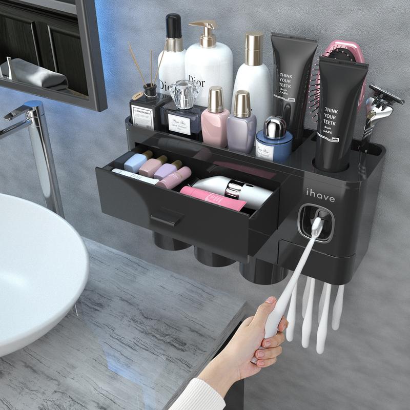 iHave Toothbrush Holders for Bathrooms, Wall Mounted Bathroom Toothbrush Holder Set with Toothpaste Dispenser, Multiple Magnetic Cups, Large Capacity Tray, 2 Cosmetic Drawers, Easy Install Bathroom Organizer, Smart Family Bathroom Accessories & Decor
