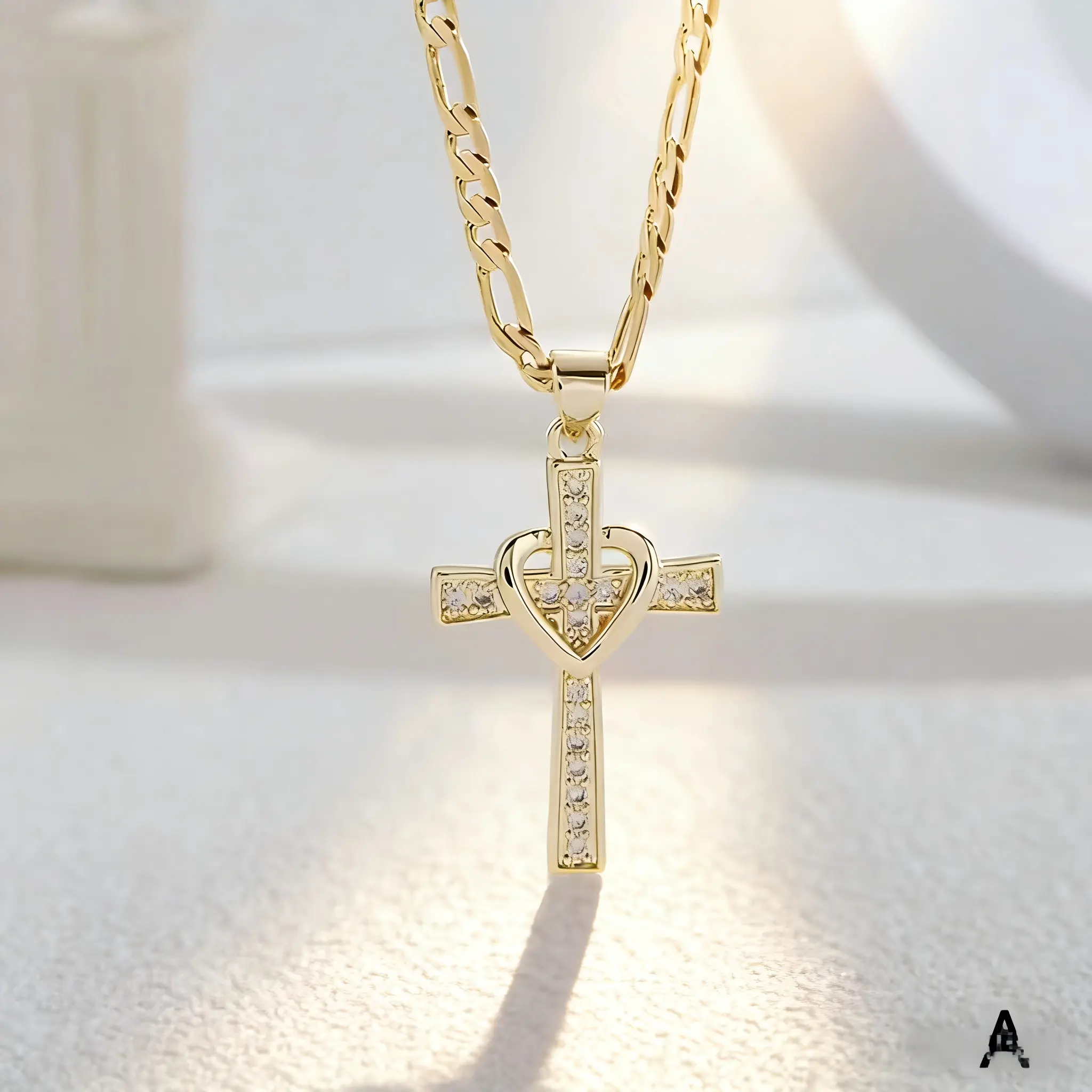 Fashion Vintage Women's Cubic Synthetic Zirconia Cross Necklace, Copper Plated 14k Golden Heart-Shaped Wing Cross Pendant Necklace, Suitable for Holiday Parties, Gift for Friends
