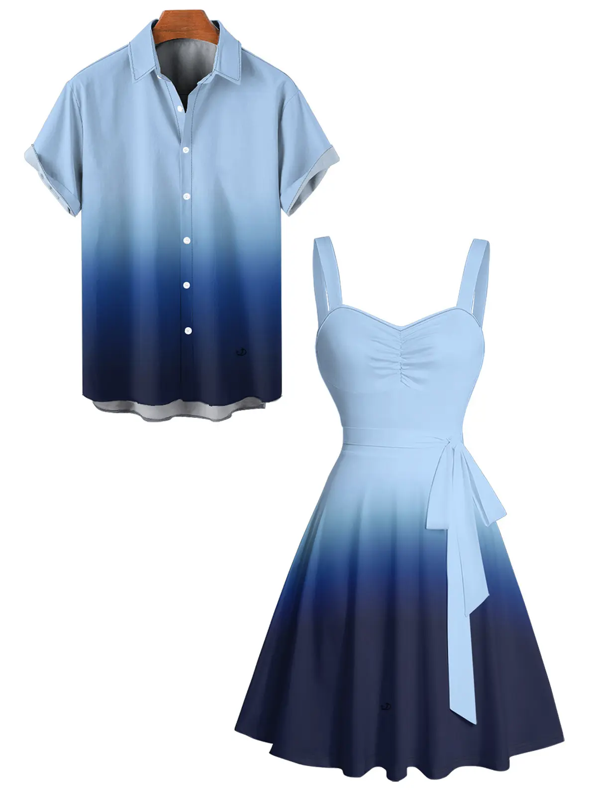 DRESSLILY 2026 Vacation Couple Outfit Women's Ombre Ruched Bust Belt  Sweetheart Neck A Line Mini Dress and Men's Roll Up Sleeve Shirt Matching  Outfit - TikTok Shop