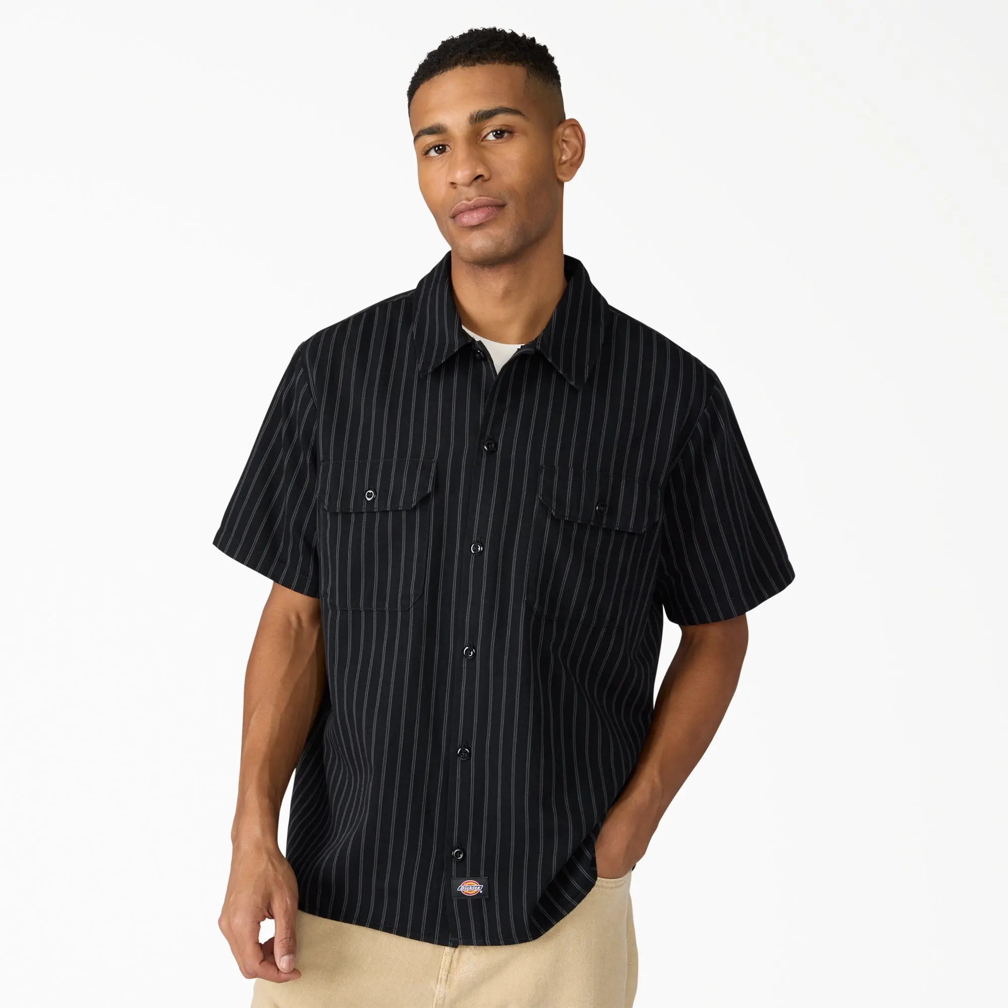 Dickies Worn In Striped Work Shirt, 100% Cotton Relaxed Fit, Workwear Layering Style Vintage Man Dickies Worn In Striped Work Shirt, 100% Cotton Relaxed Fit, Workwear Layering Style Vintage Man