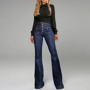 Women's Plain Button Pocket Flare Leg Vintage Jeans, Casual Bell Bottoms 80s Trousers for Daily Wear, Fall Pants, Downtown Girl Clothes, Downtown Girl Clothes Bell Bottoms Pants,  Flared Pants Fashionable Trendy Womenswear Denim Streetwear Basic