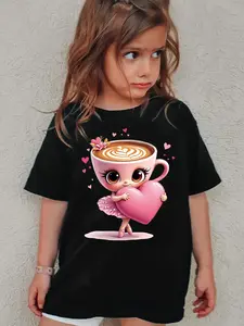 Girls' Cute Coffee Cup Ballerina Graphic T-Shirt - Whimsical Latte Art & Heart Print Short Sleeve Tee, Casual Black Cotton Top for Kids