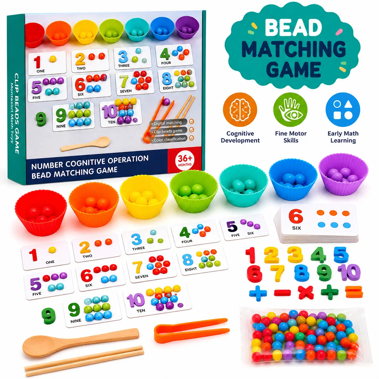 Montessori Math Bead Matching Kit - Montessori Toys for Toddlers, Preschool Early Education STEM Sensory Activity with Color Sorting, Counting, Addition, Subtraction, Number Recognition, Fine Motor Skill Development, Cute Maths Toys, Playful Maths Toys ca