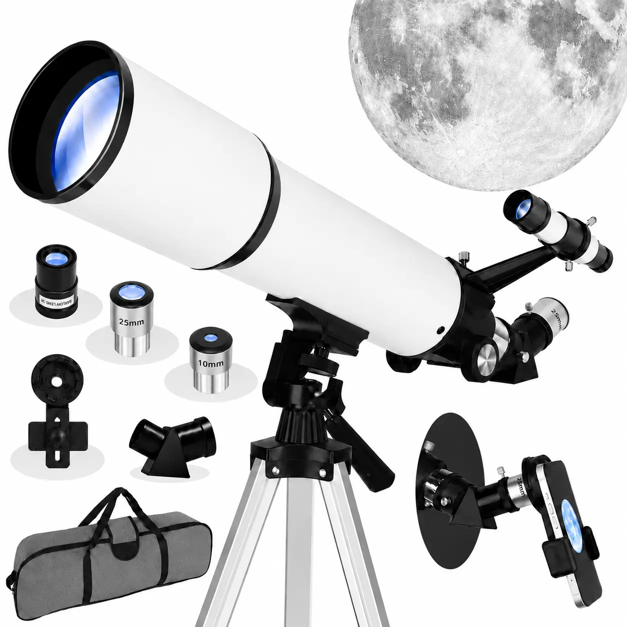 Refractor Telescope for Astronomy Beginners & Families, 80mm Aperture 600mm Portable Model with Fully Multi-Coated Optics, AZ Mount Tripod, Phone Adapter and carry bag