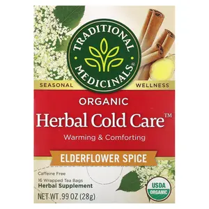 Traditional Medicinals Organic Herbal Cold Care™, Elderflower Spice, Caffeine Free, 16 Wrapped Tea Bags, 0.99 oz (28 g)