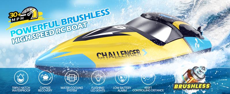DEERC Brushless RC Boat, 30+ mph Fast RC Boats Never Capsize&Low Battery Alarm Function, 2.4GHz Racing Boat with LED Lights  Rechargeable Batteries