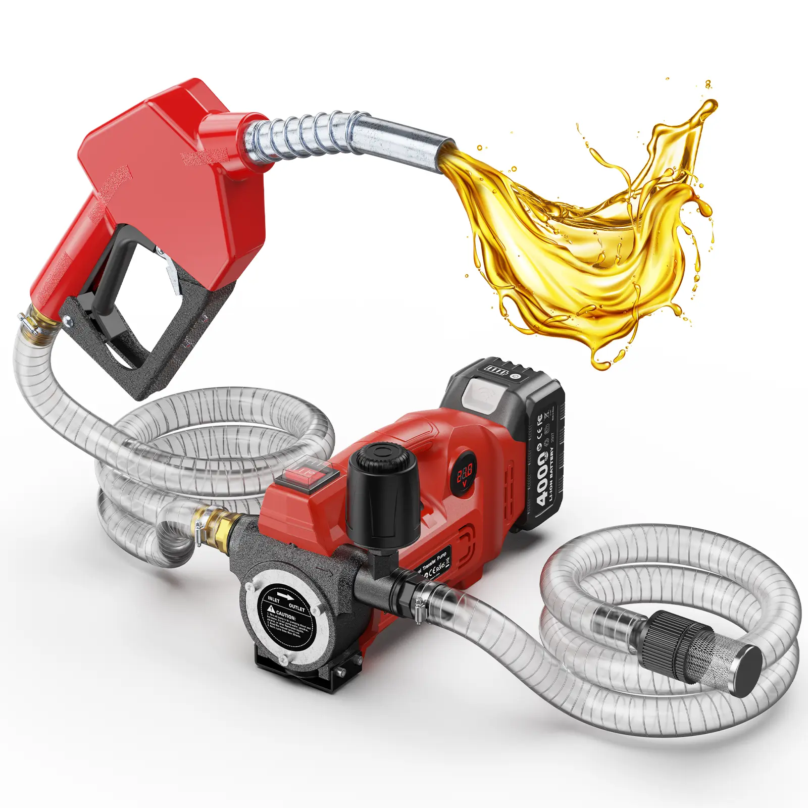 TaskStar 12GPM Electric Fuel Transfer Pump Battery Powered, With 21V 4.0Ah Battery And Charger, Portable Cordless Pump With Auto-Off Nozzle & 2 Hoses For Kerosene Transfer, Kerosene Pump, Fuel Transfer, Easytouse Nozzle, Compact